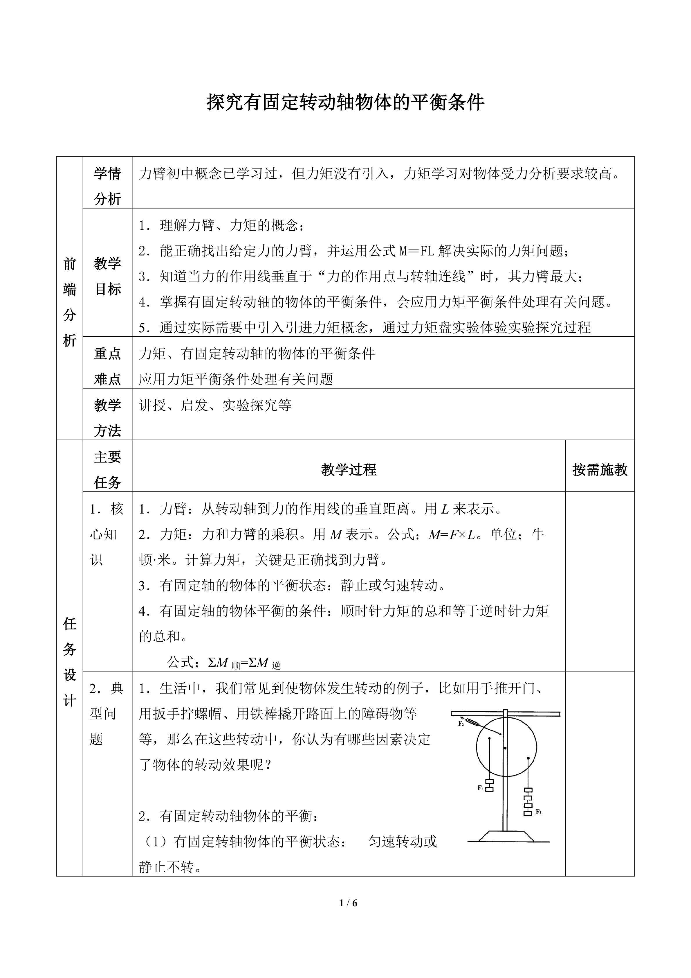 探究有固定转动轴物体的平衡条件_教案1