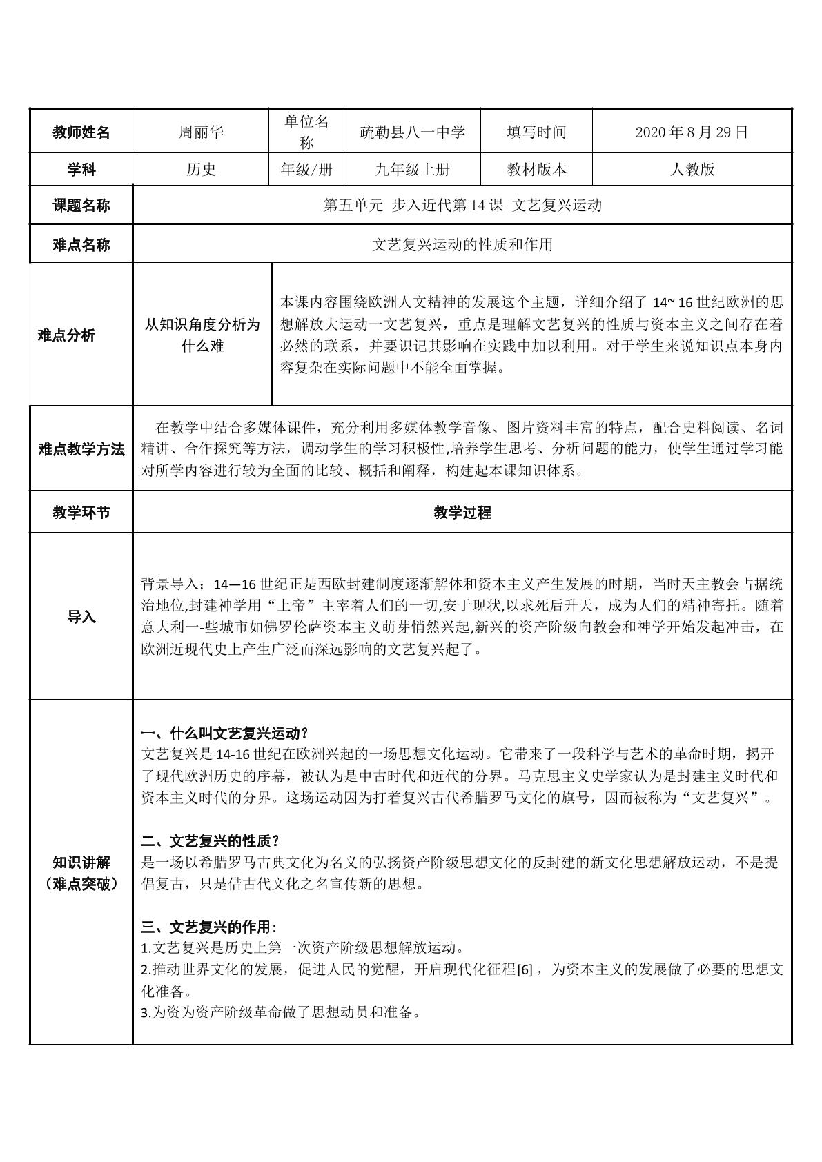 九年级上第五单元14文艺复兴，性质和作用