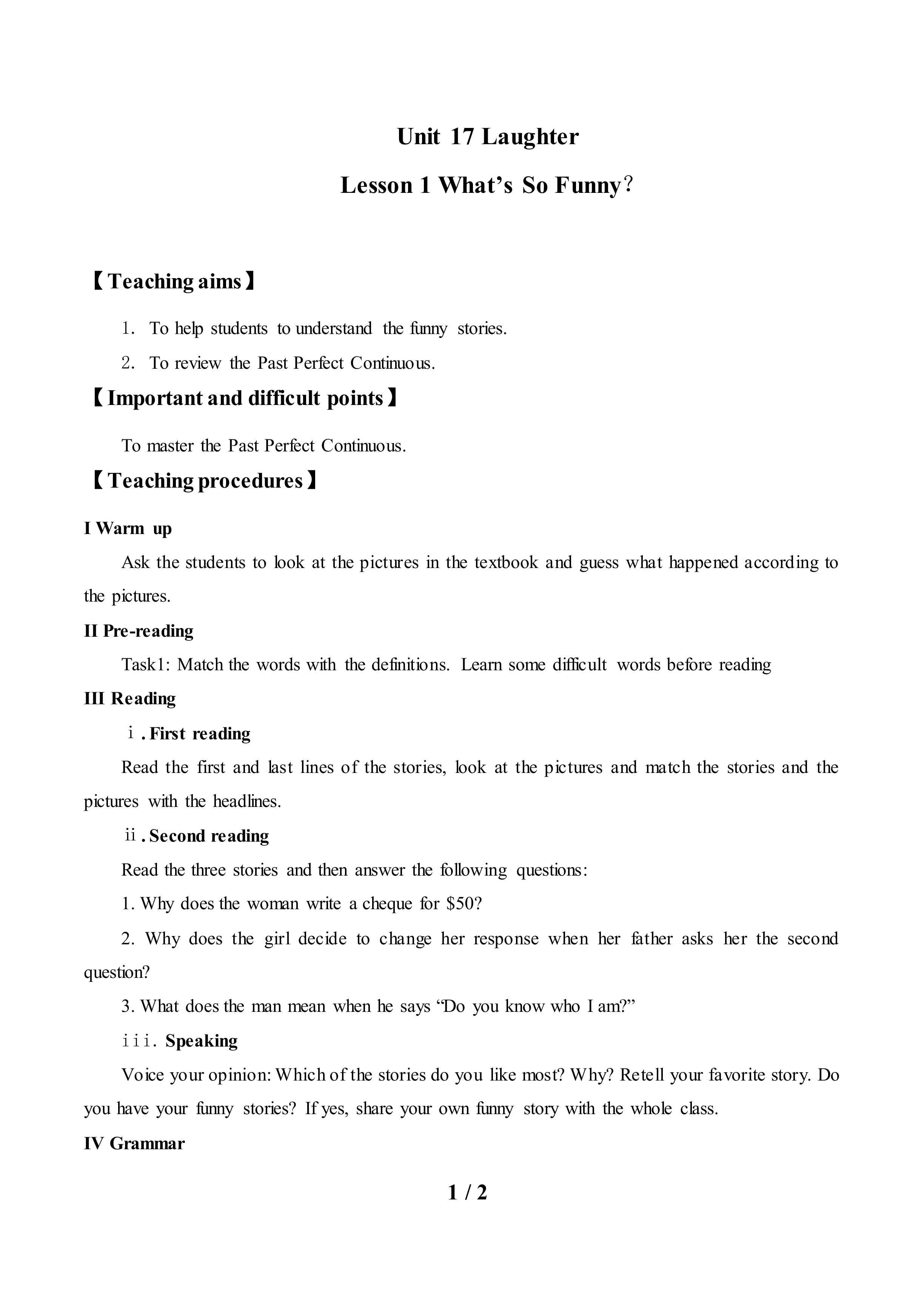 Lesson 1 What’s So Funny？_教案1