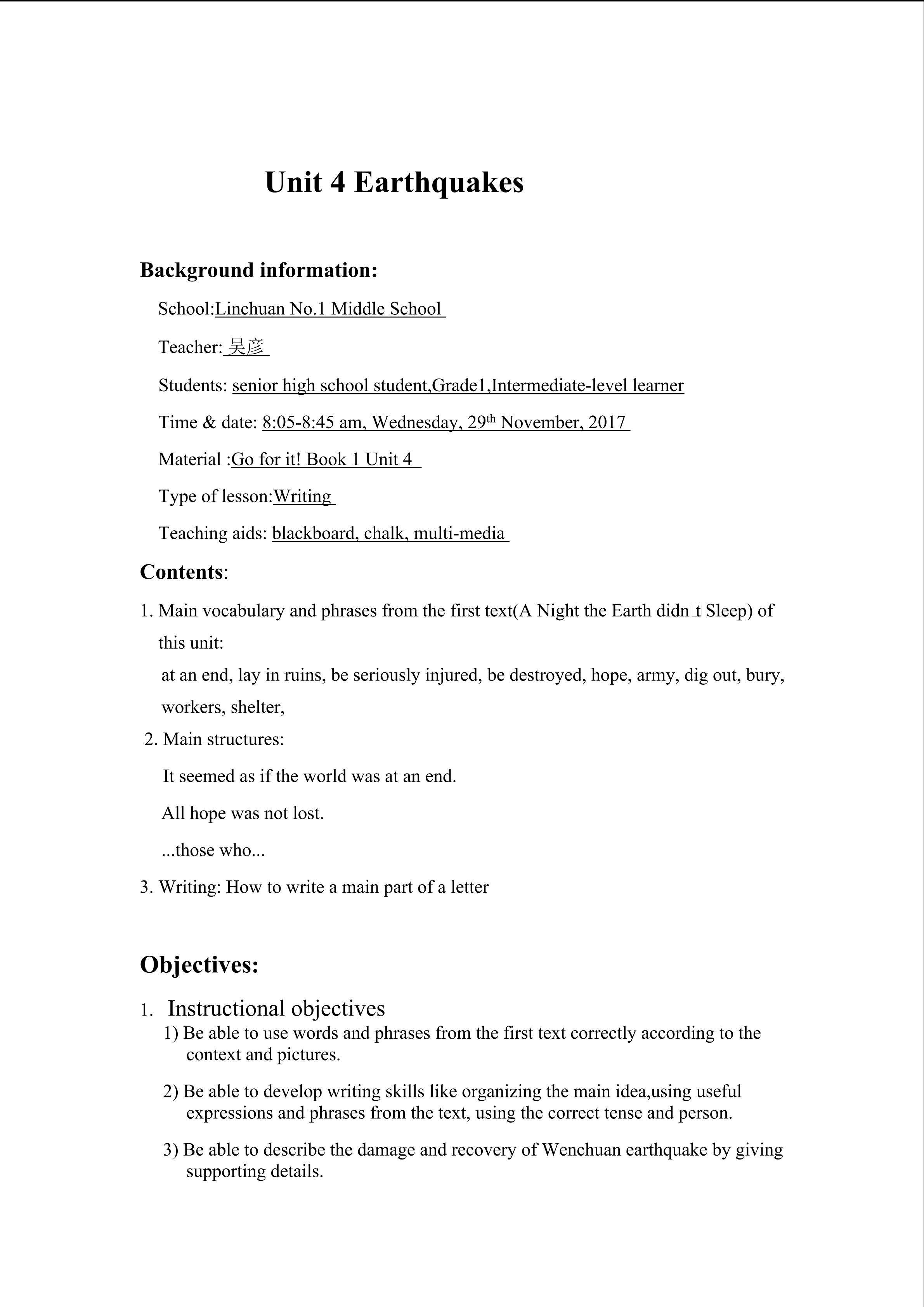 Book 1 Unit 4 Earthquakes Writing