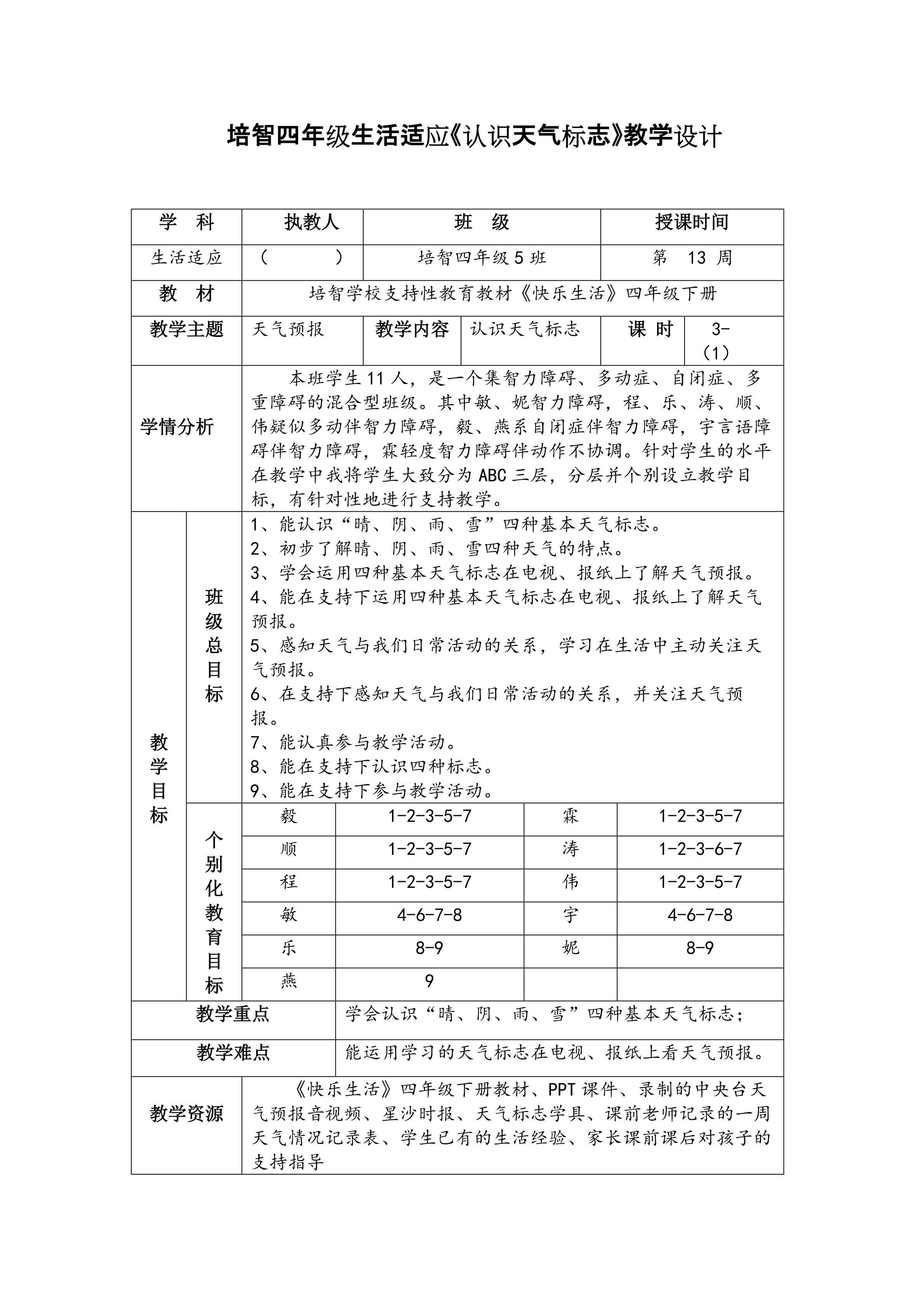 生活适应《认识天气标志》教学设计
