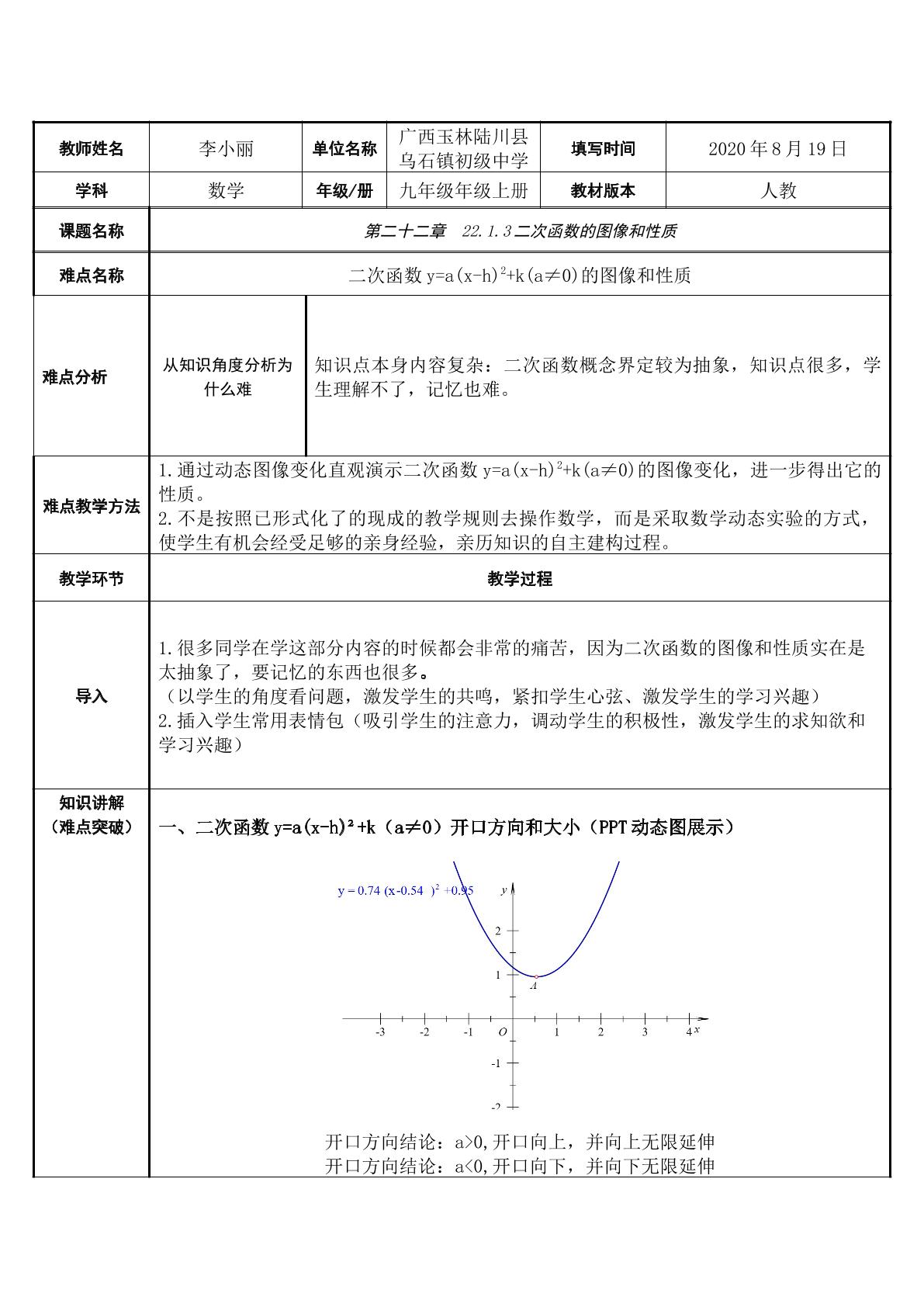 二次函数y=a(x-h)2+k(a≠0)的图像和性质