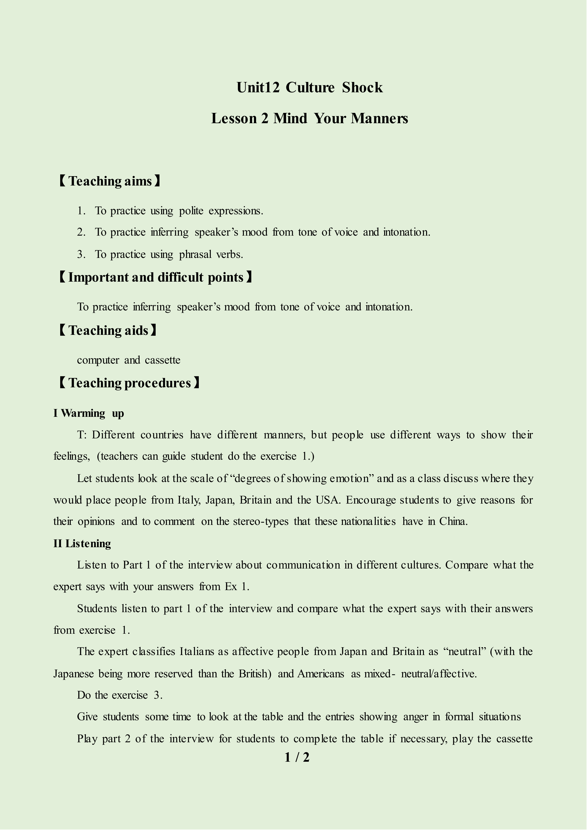 Lesson 2 Mind Your Manners_教案1