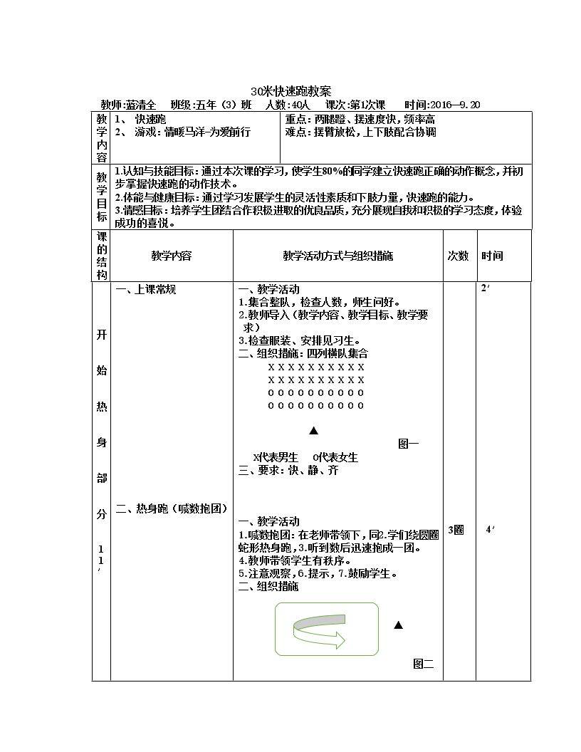 水平三 五年级 30米快速跑教案 蓝清全