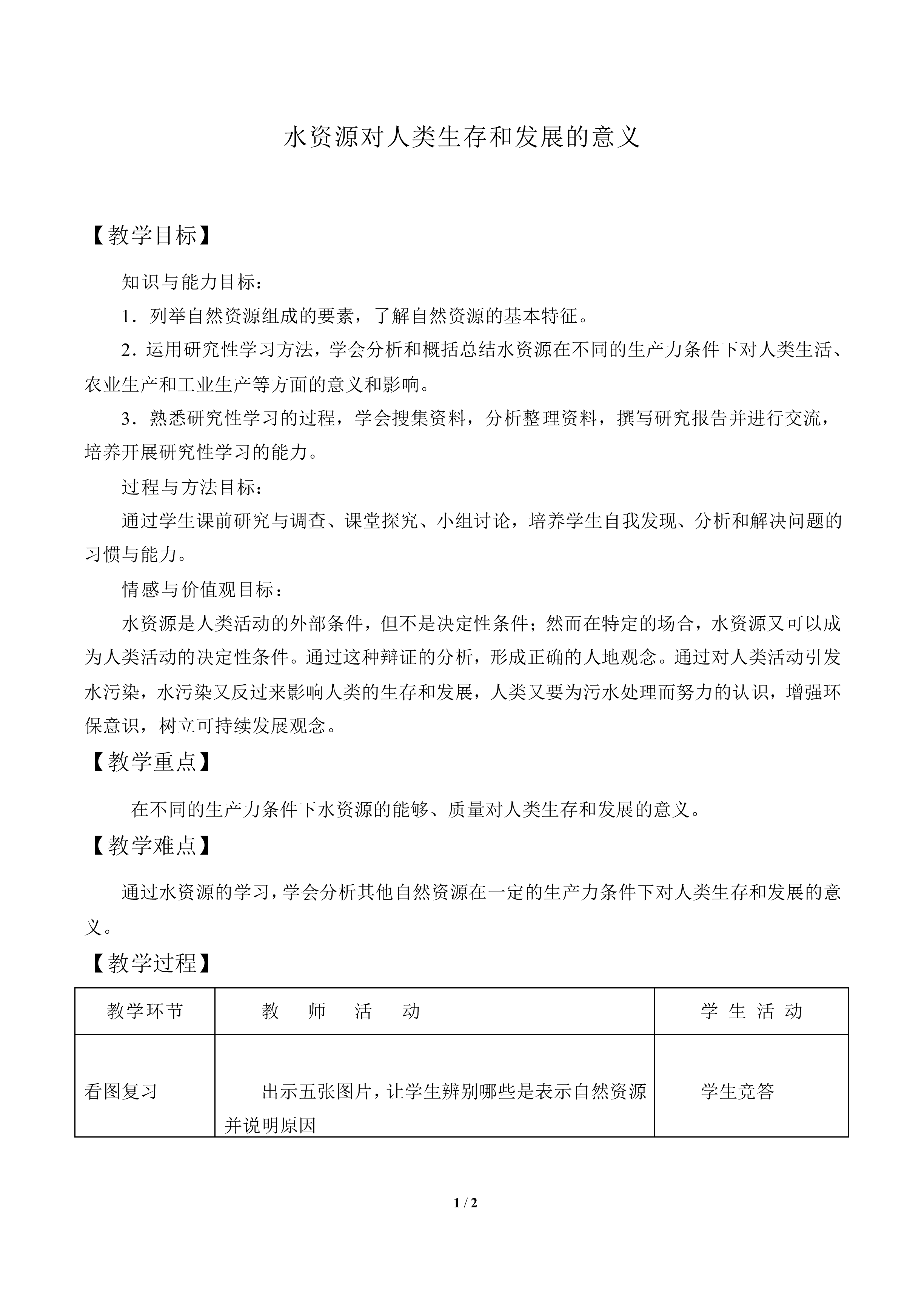 水资源对人类生存和发展的意义_教案1