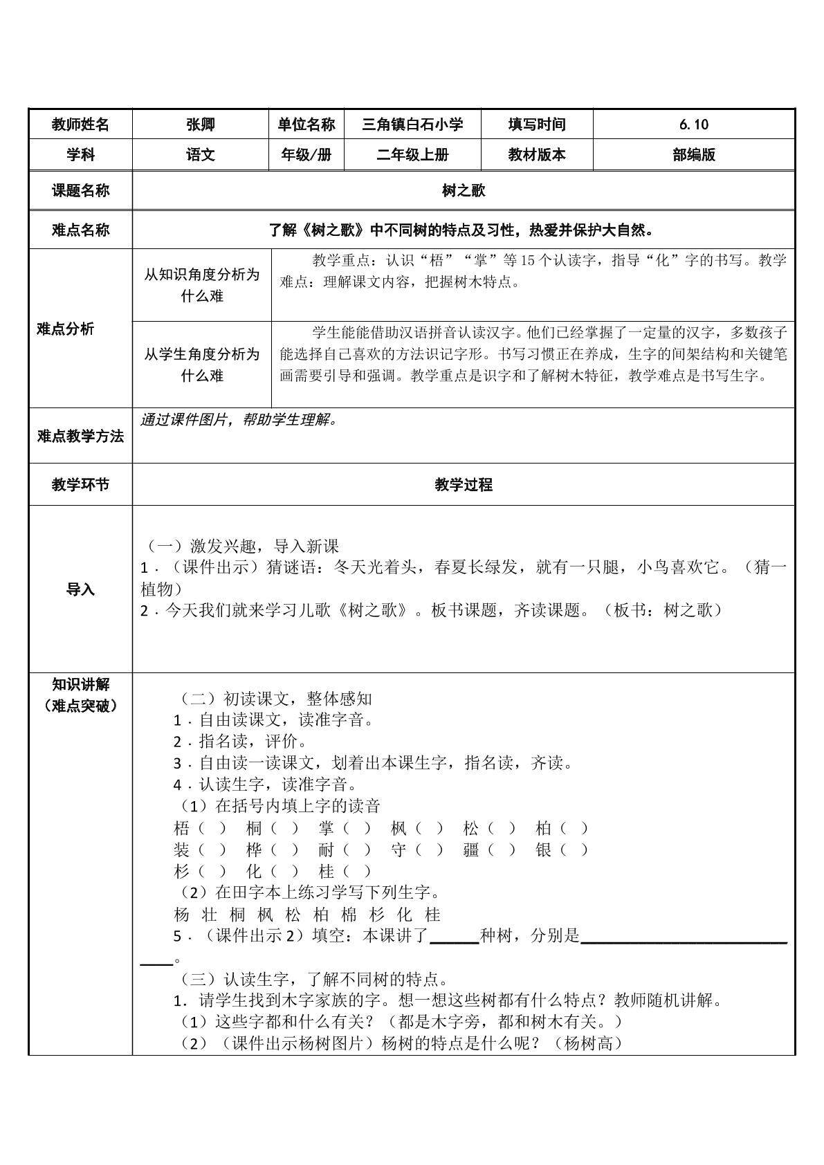 了解树之歌中不同树的特点及习性，热爱并保护大自然