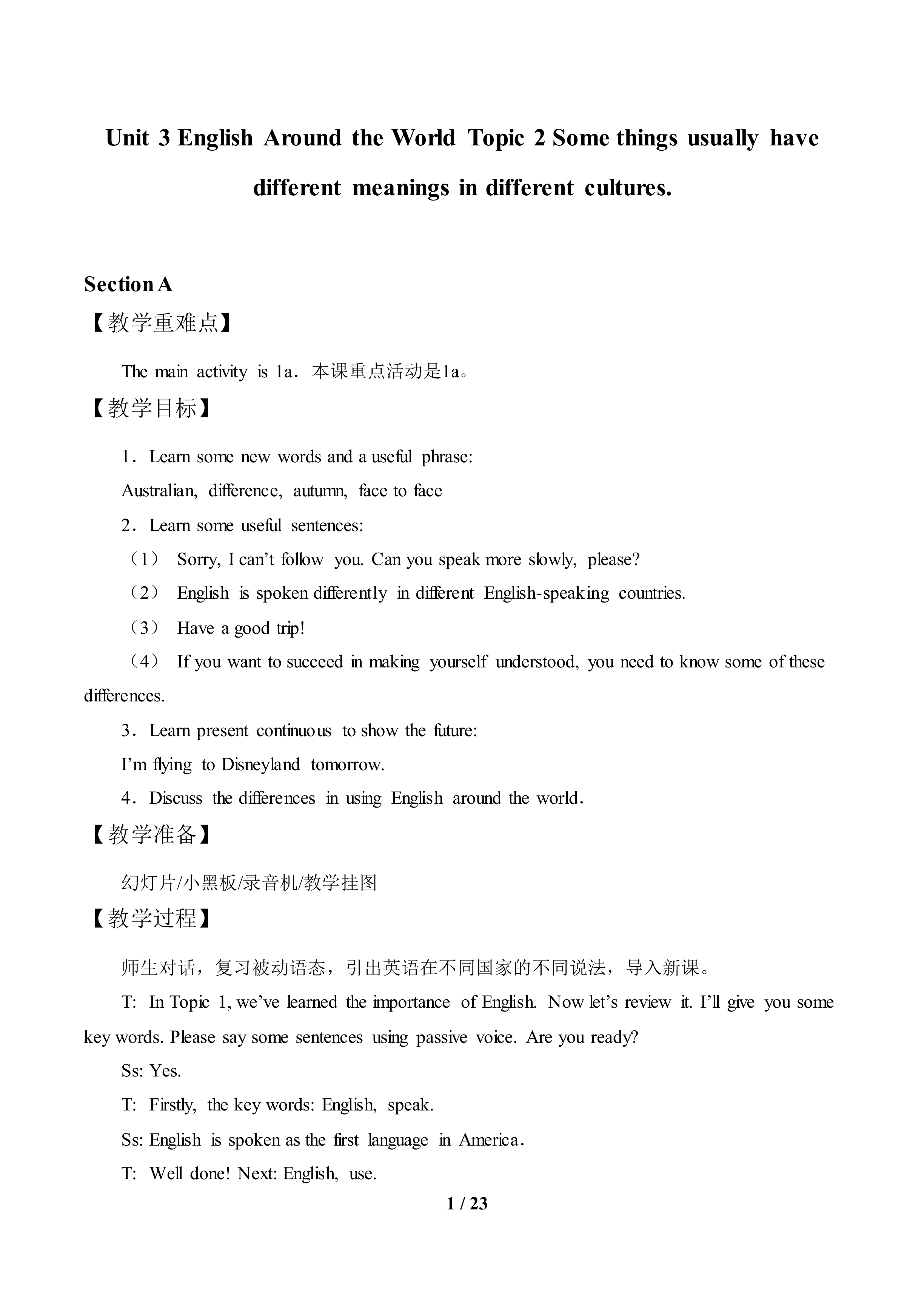 Topic 2. Some things usually have different meanings in different cultures._教案1
