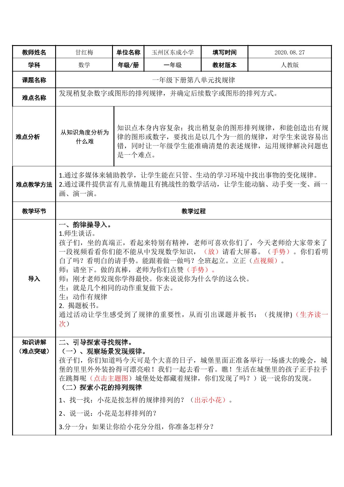 一年级下册找规律微课