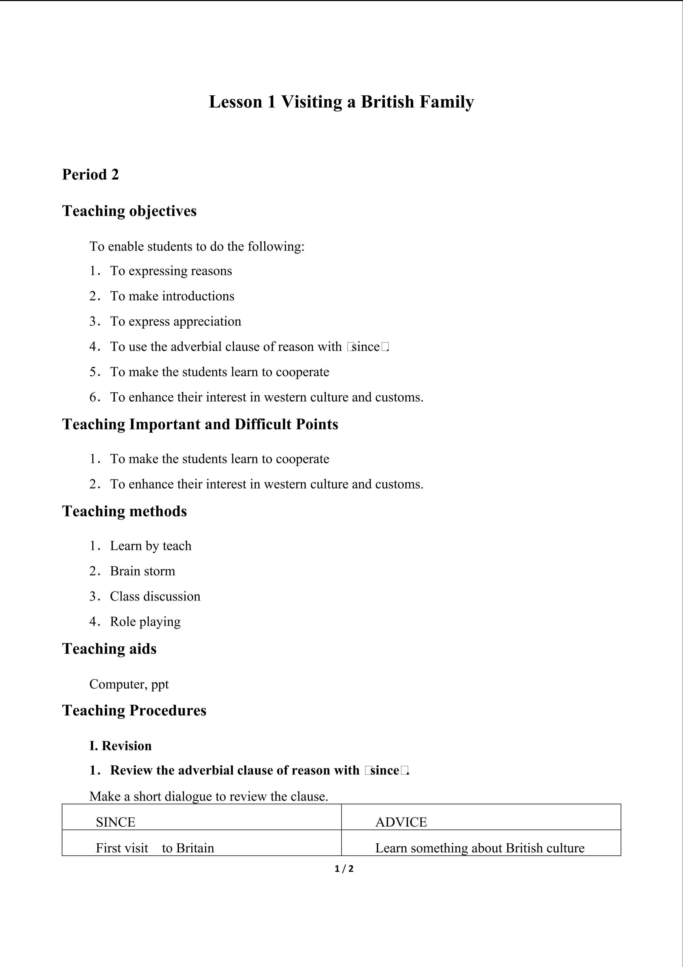 Lesson 1 Visiting a British Family_教案2