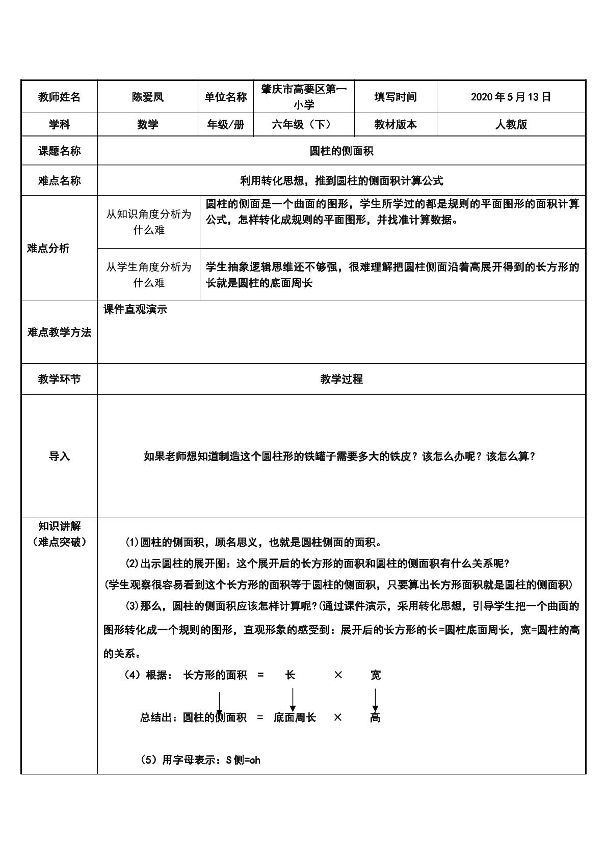 圆柱的侧面积