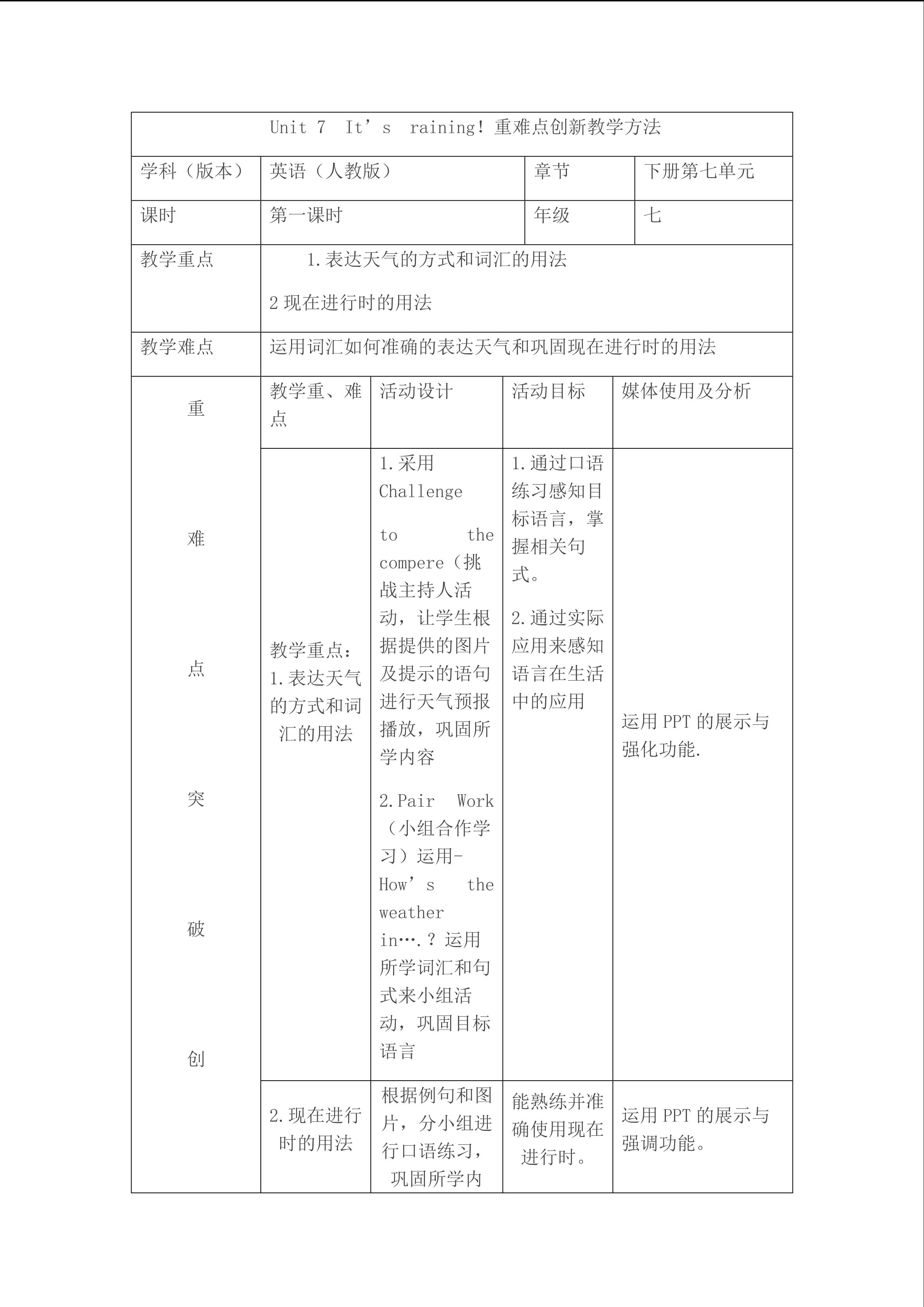 Unit 7 It's raining. 教学重难点创新教学方法