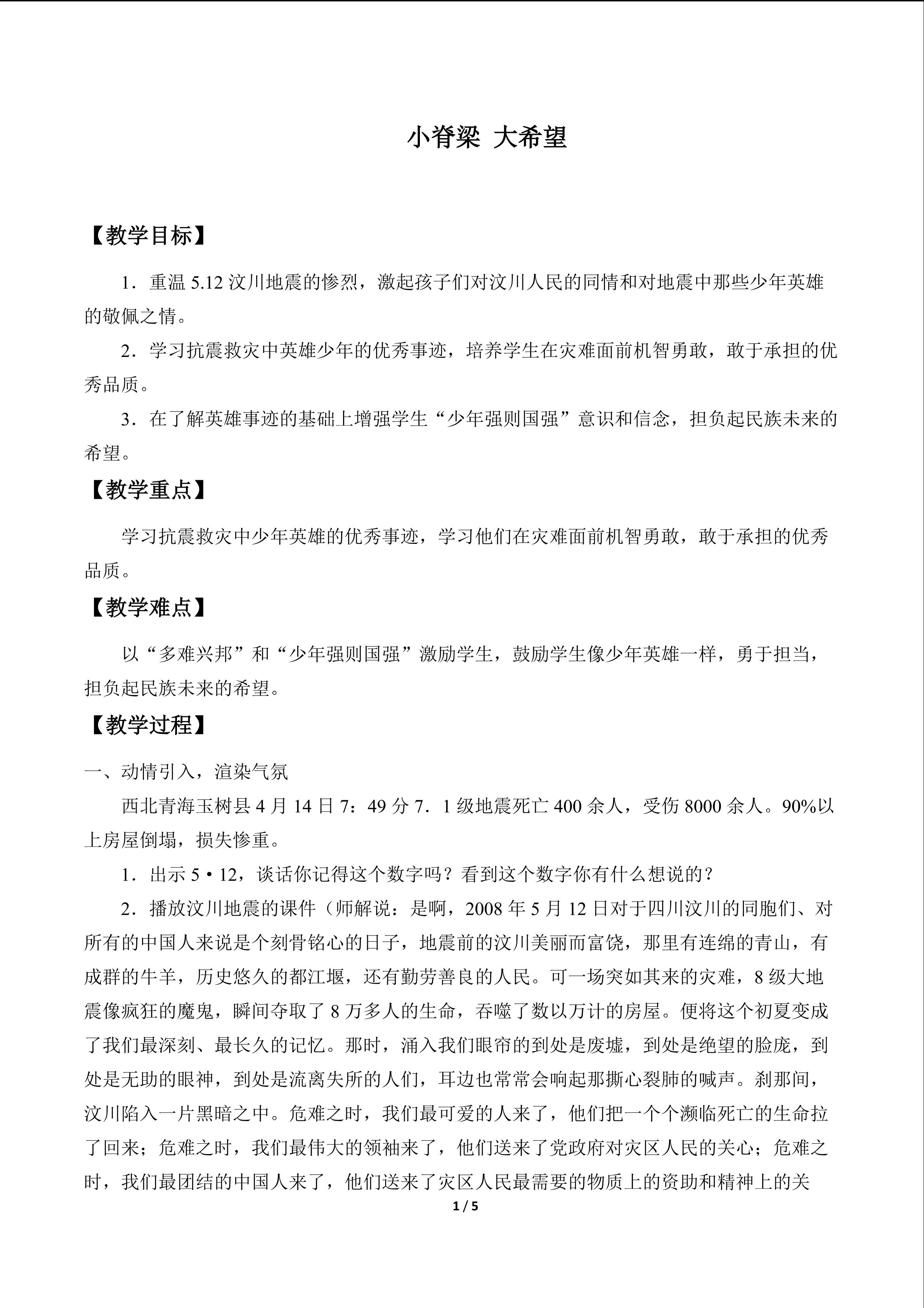 小脊梁 大希望_教案1