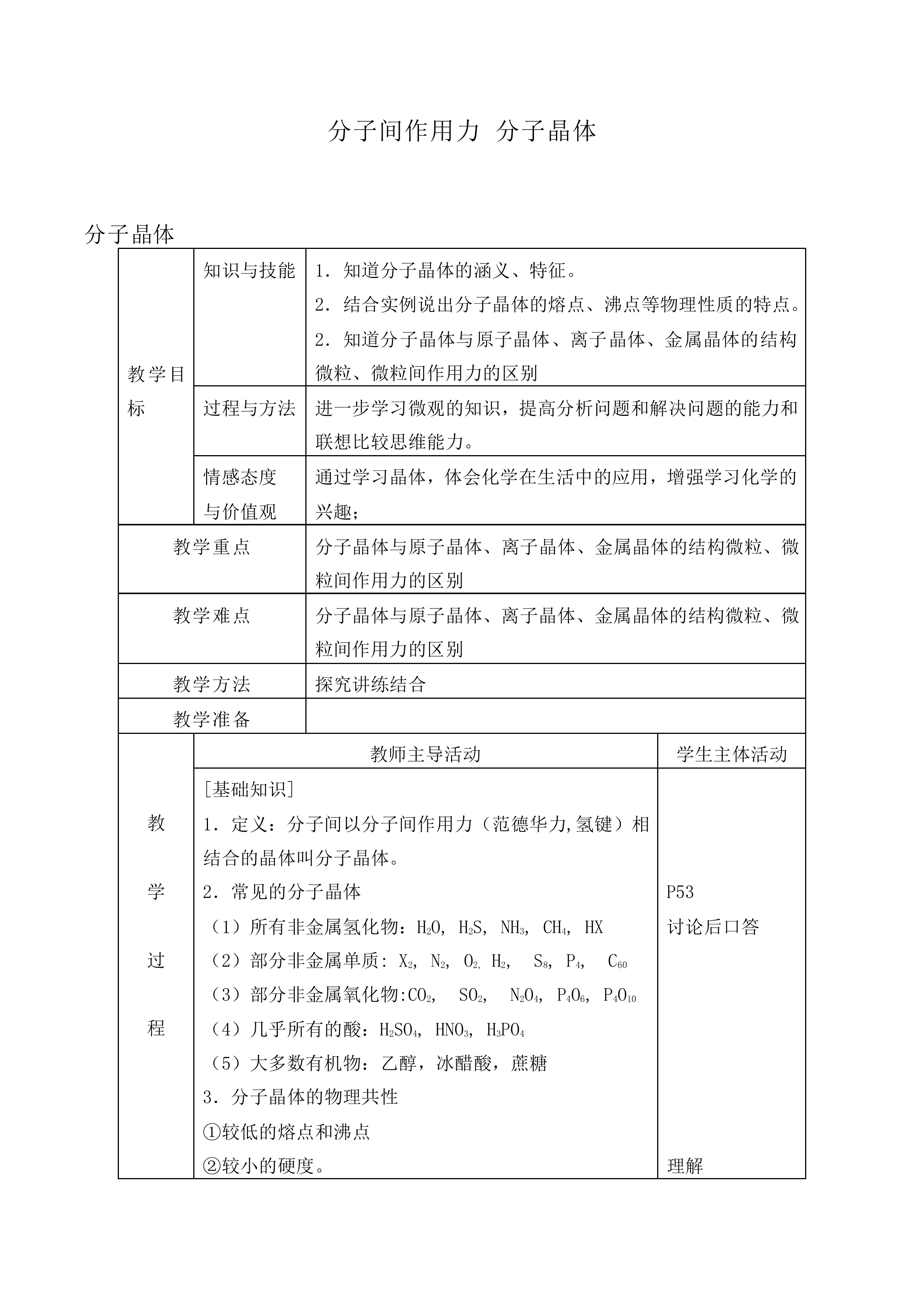 分子间作用力 分子晶体_教案2
