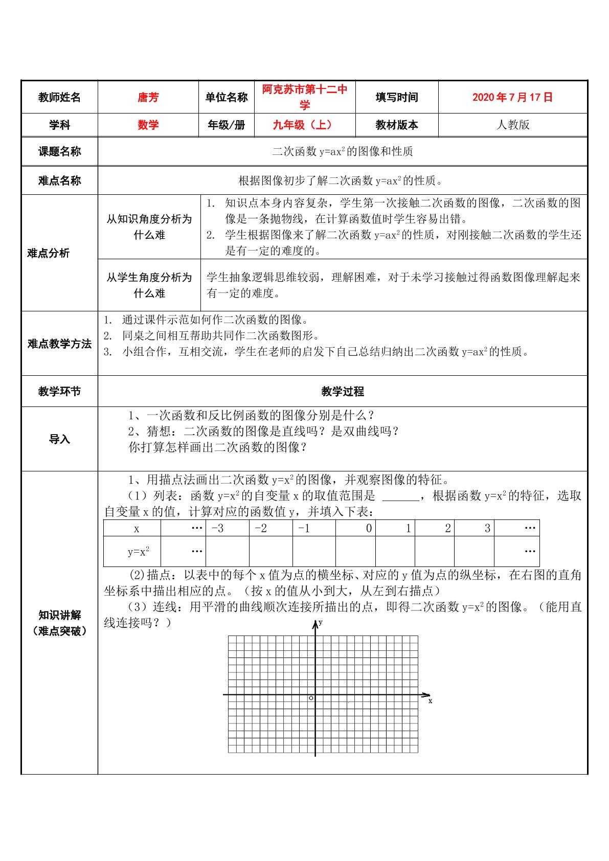 二次函数y=ax2(a≠0)的图像和性质