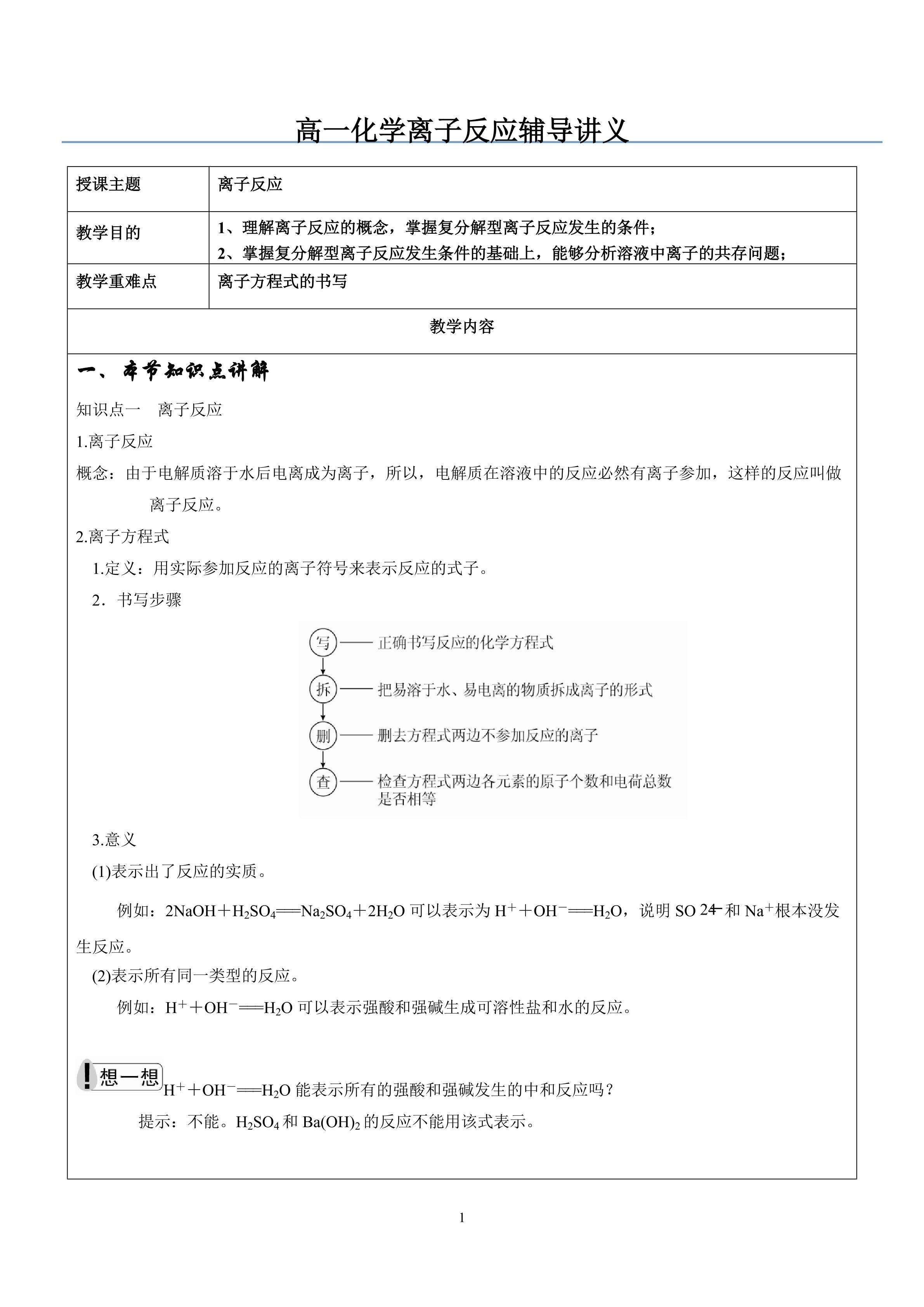 高一化学离子反应专题辅导讲义