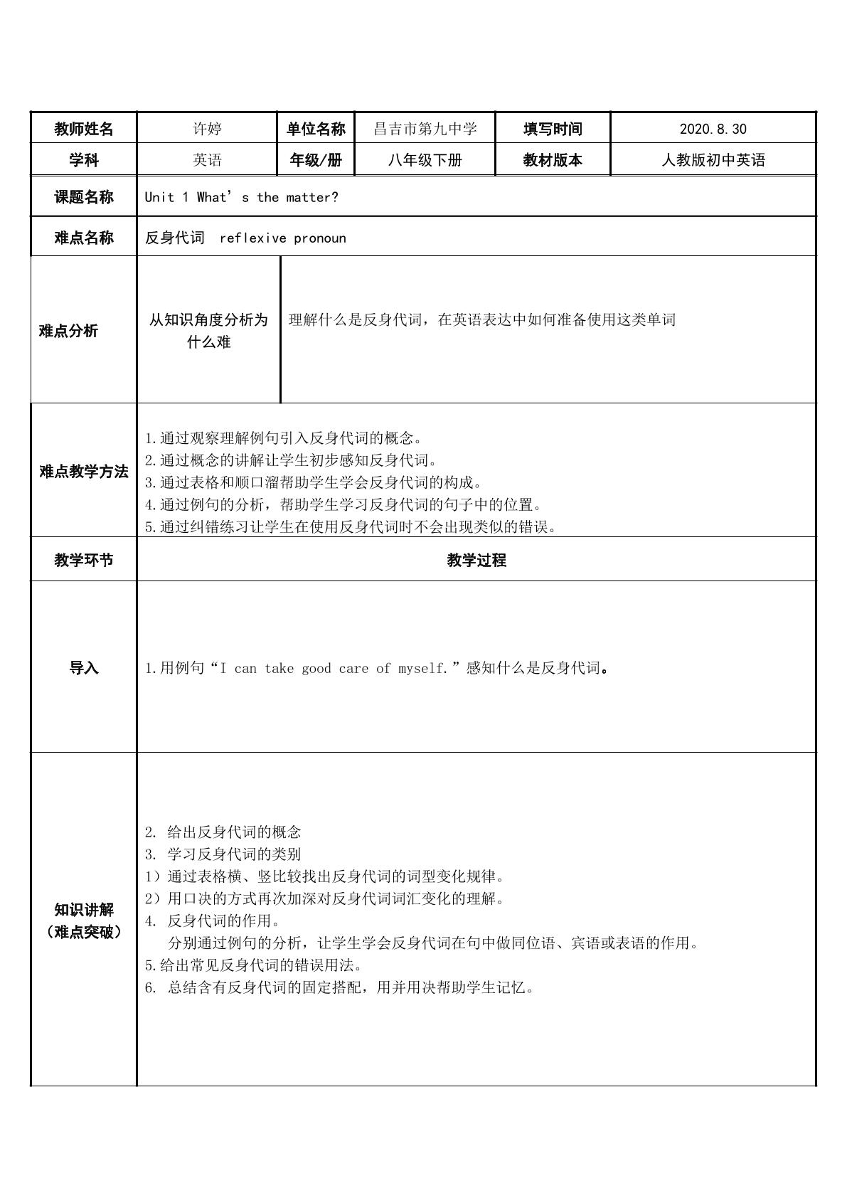 人教版八年级下册Unit1 反身代词