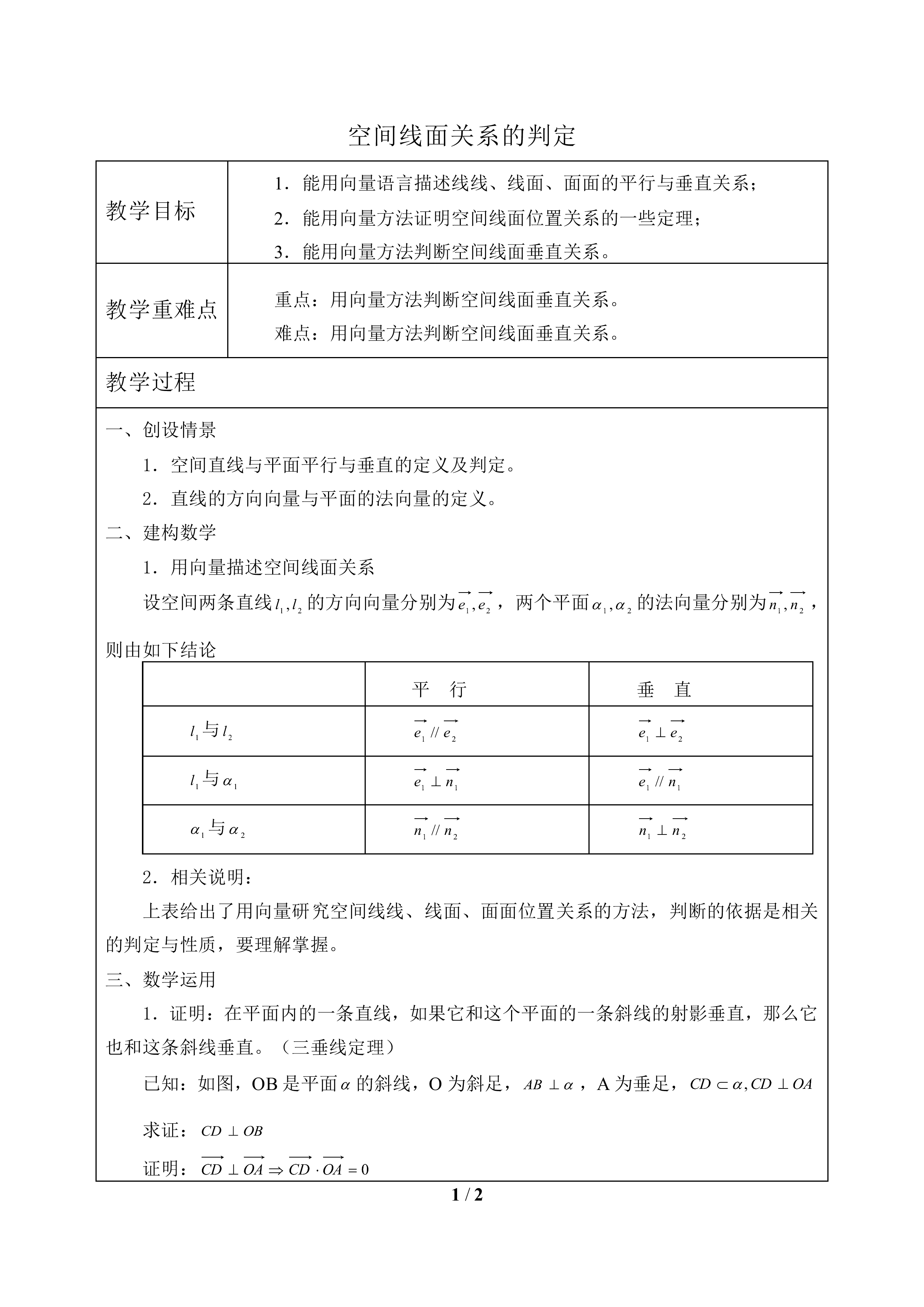 空间线面关系的判定_教案1
