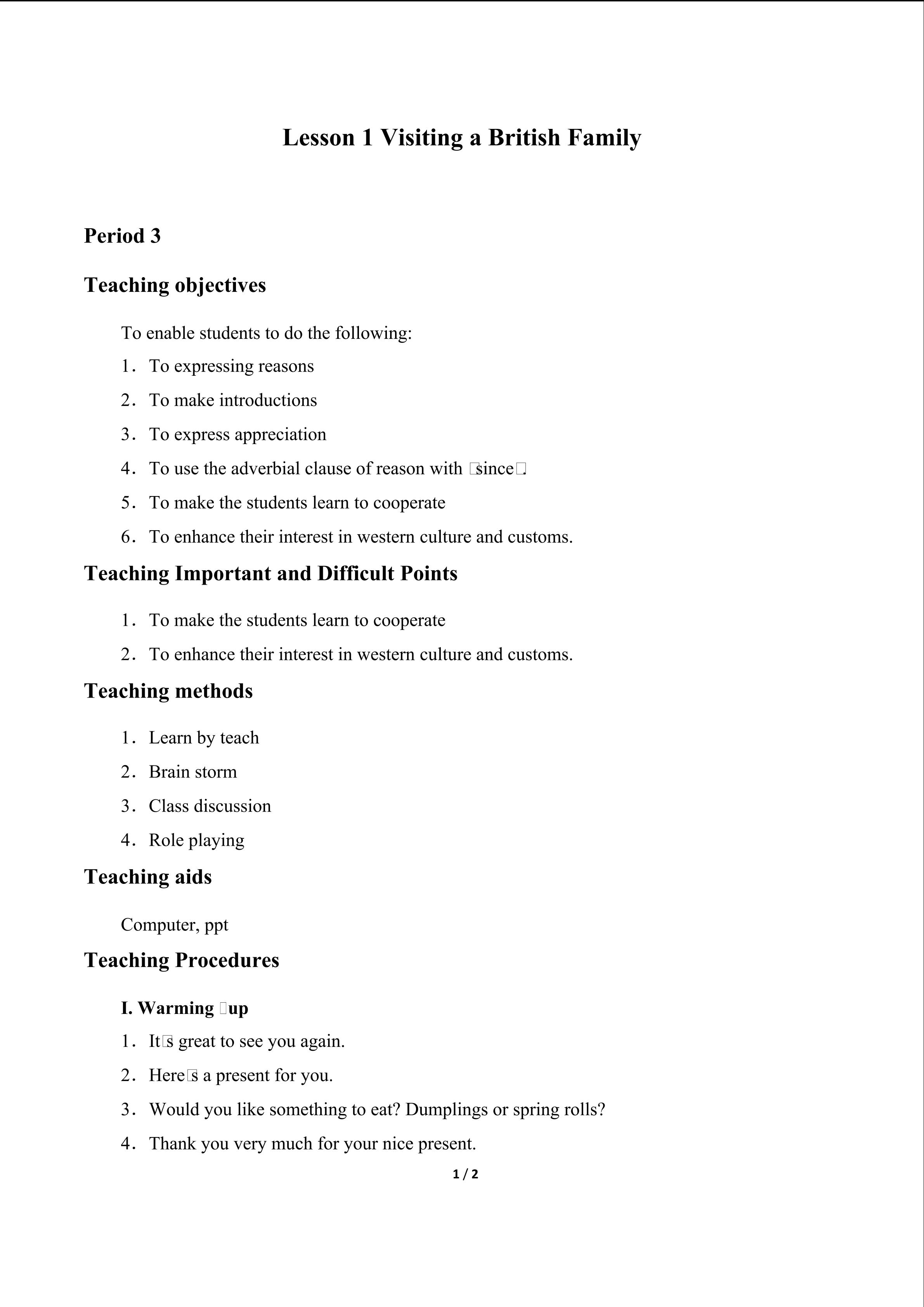 Lesson 1 Visiting a British Family_教案3