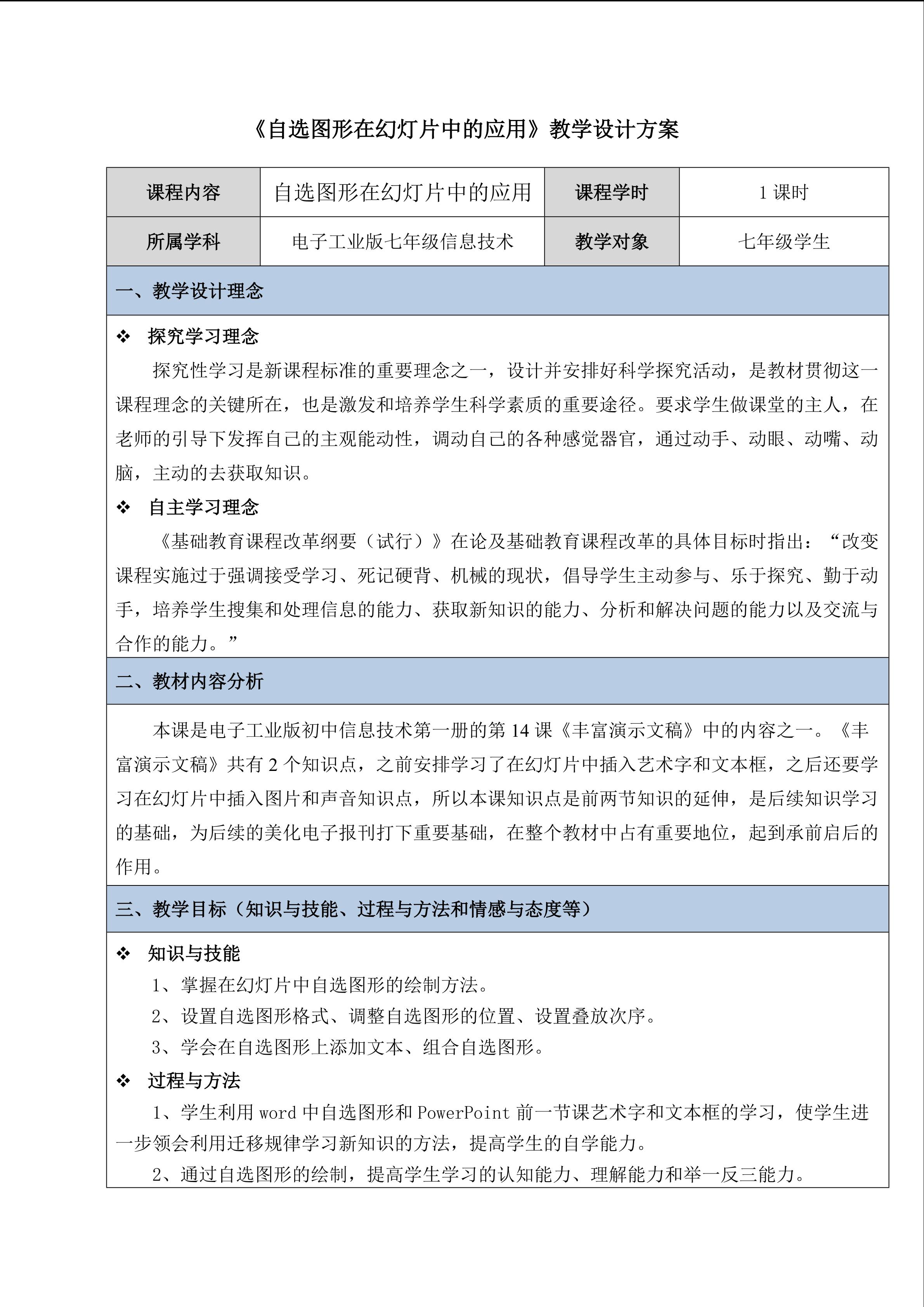 自选图形在幻灯片中的应用
