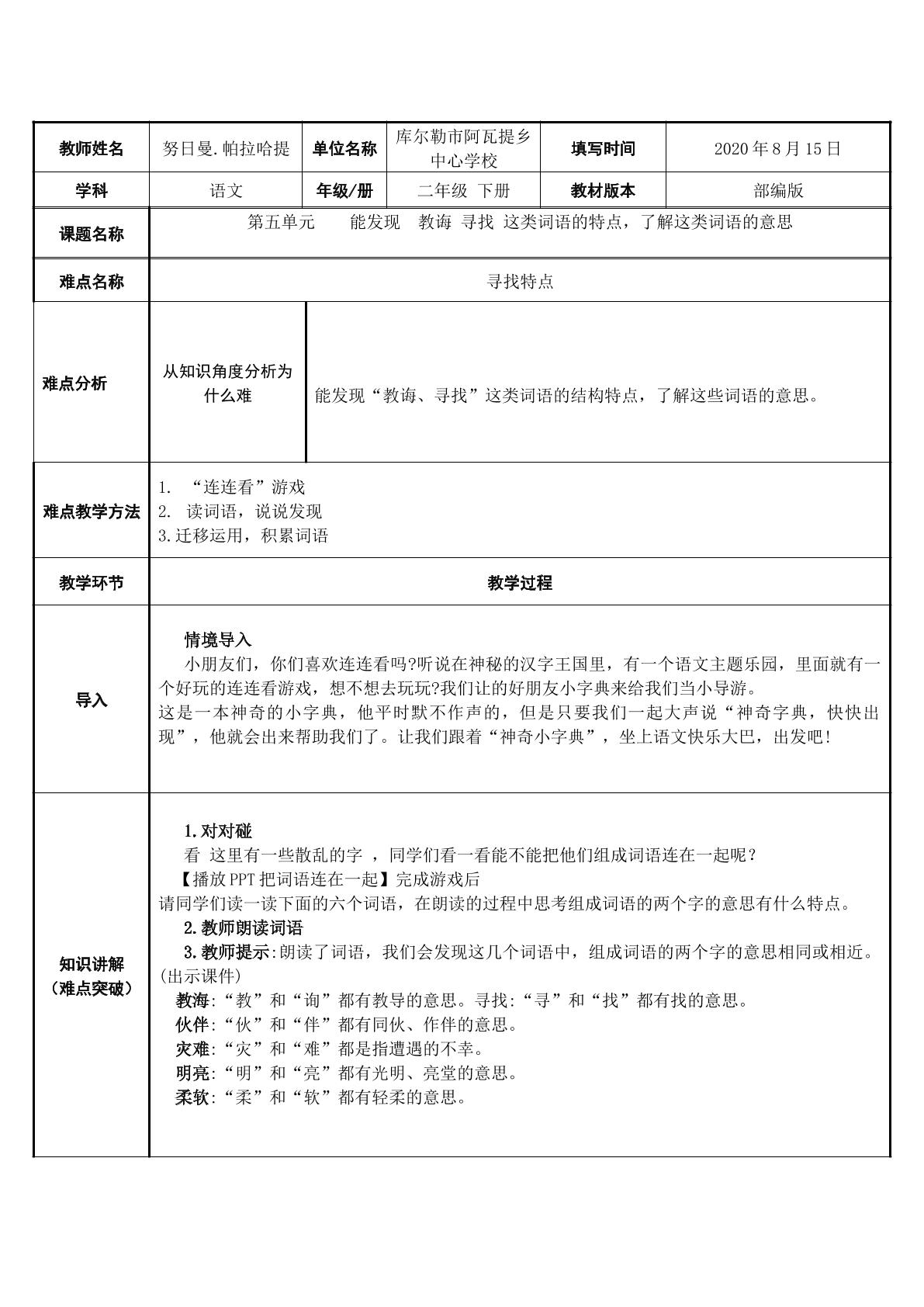 能发现 “教诲，寻找”这类词的特点