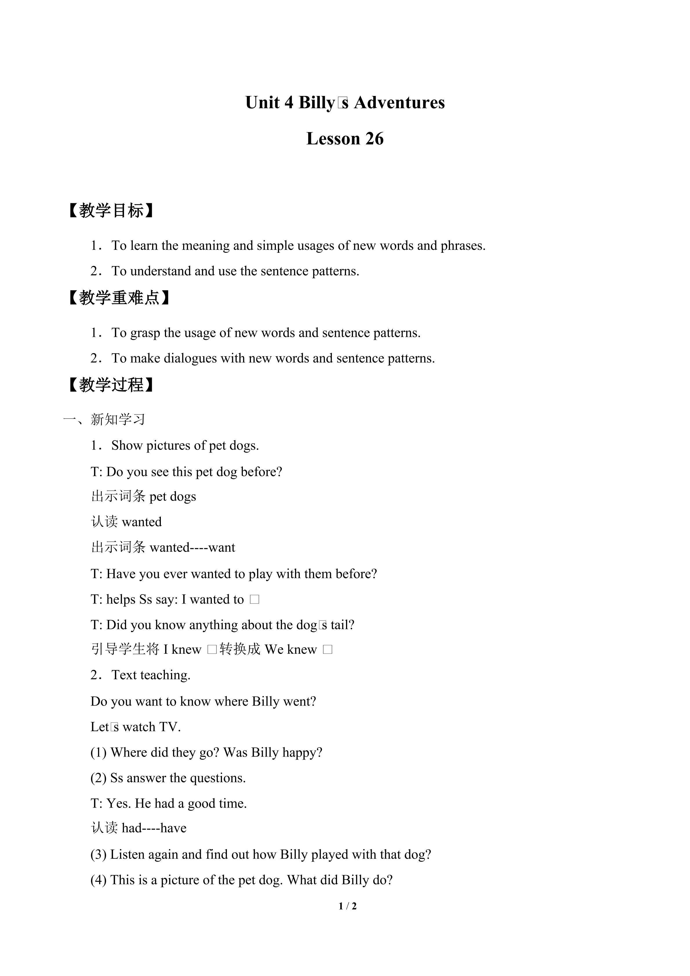 Billy's adventures lesson26_教案1