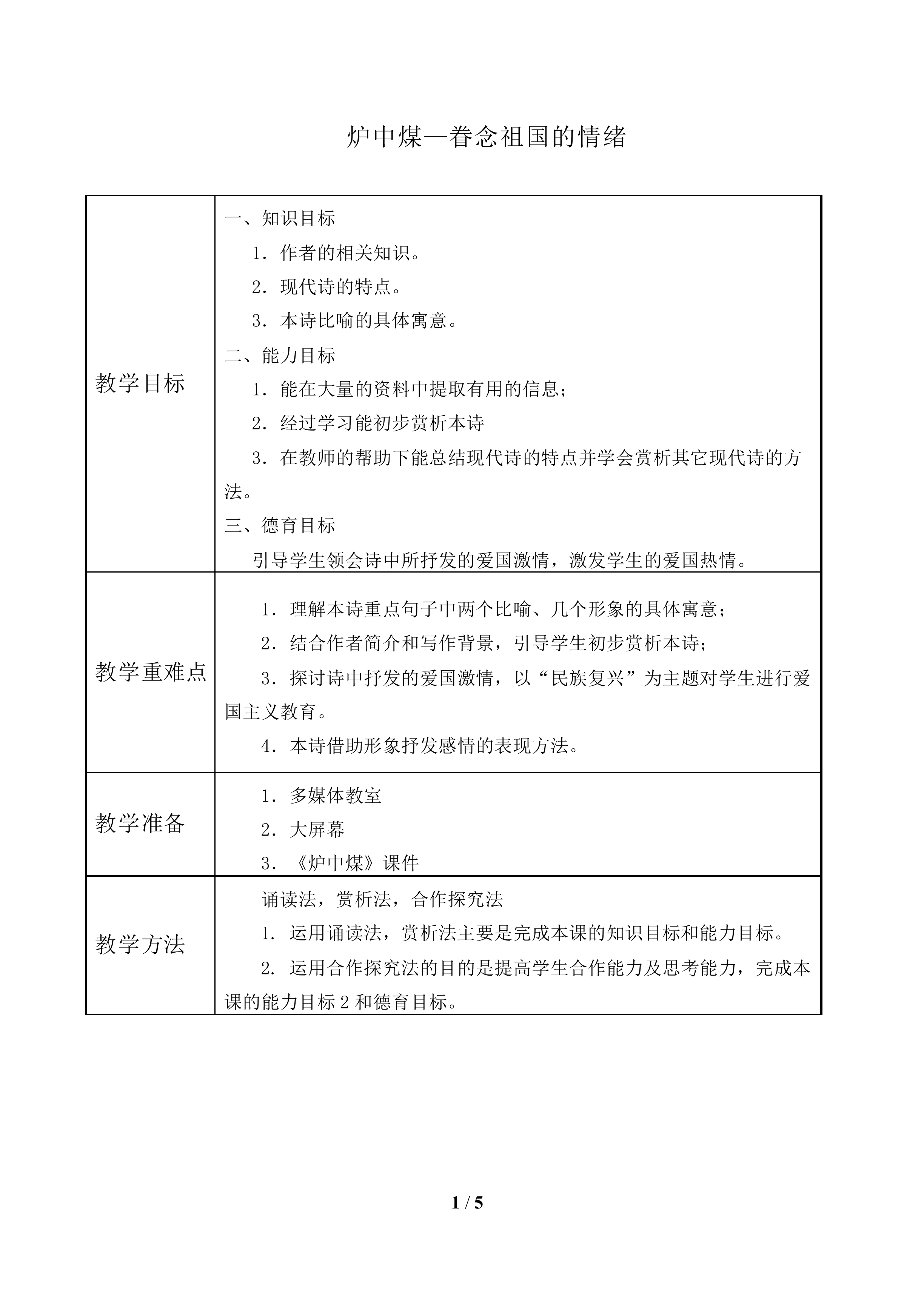 炉中煤——眷念祖国的情绪_教案1