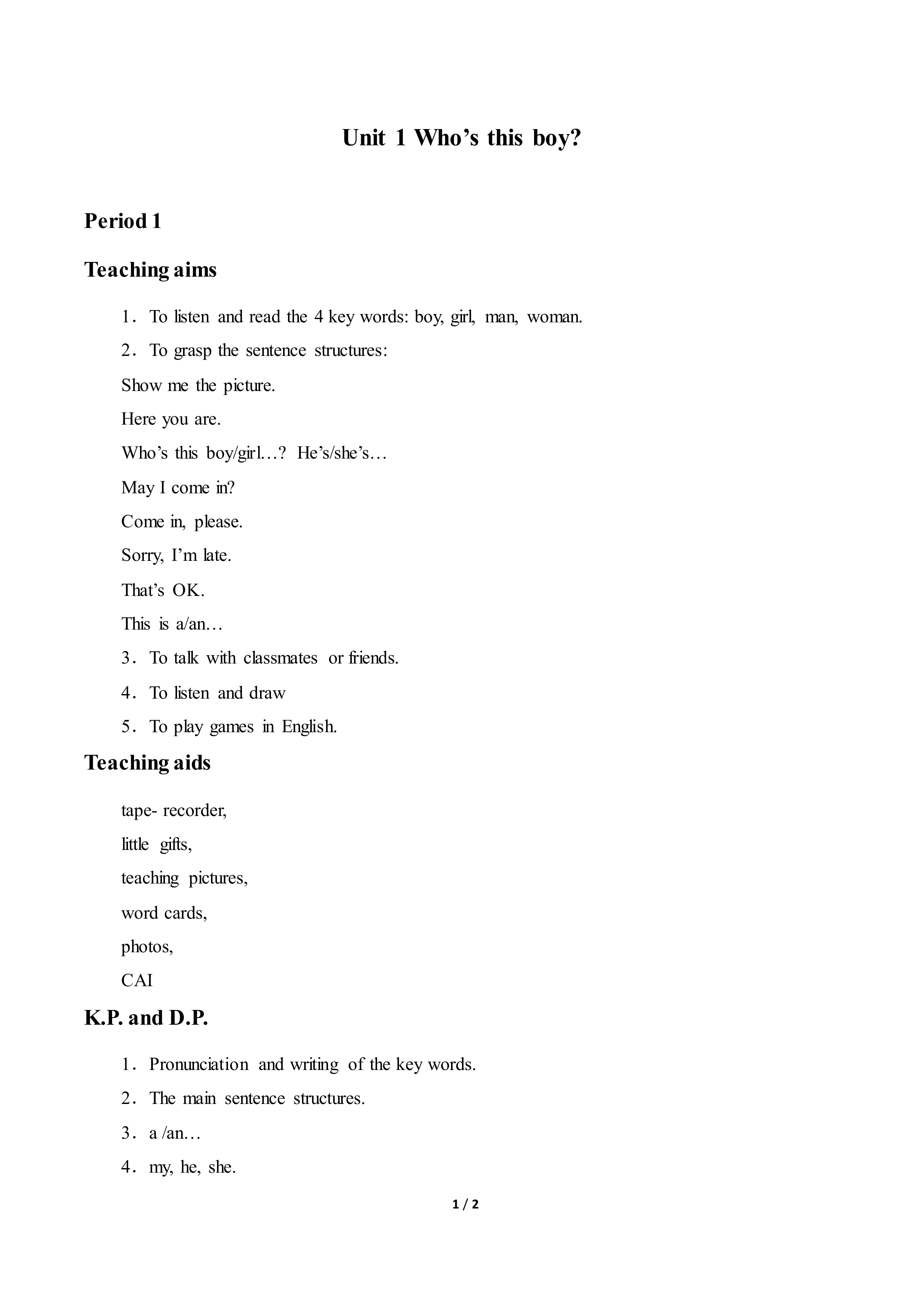 Unit 1 Who's This Boy?_教案1