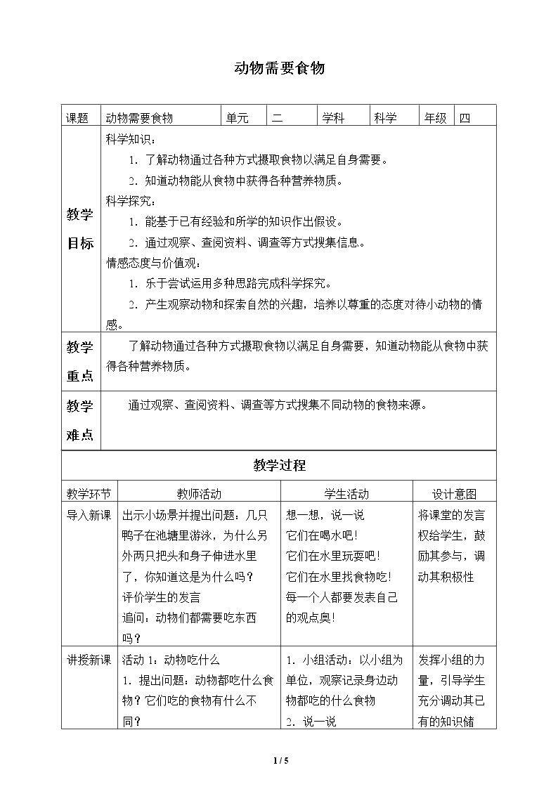 动物需要食物