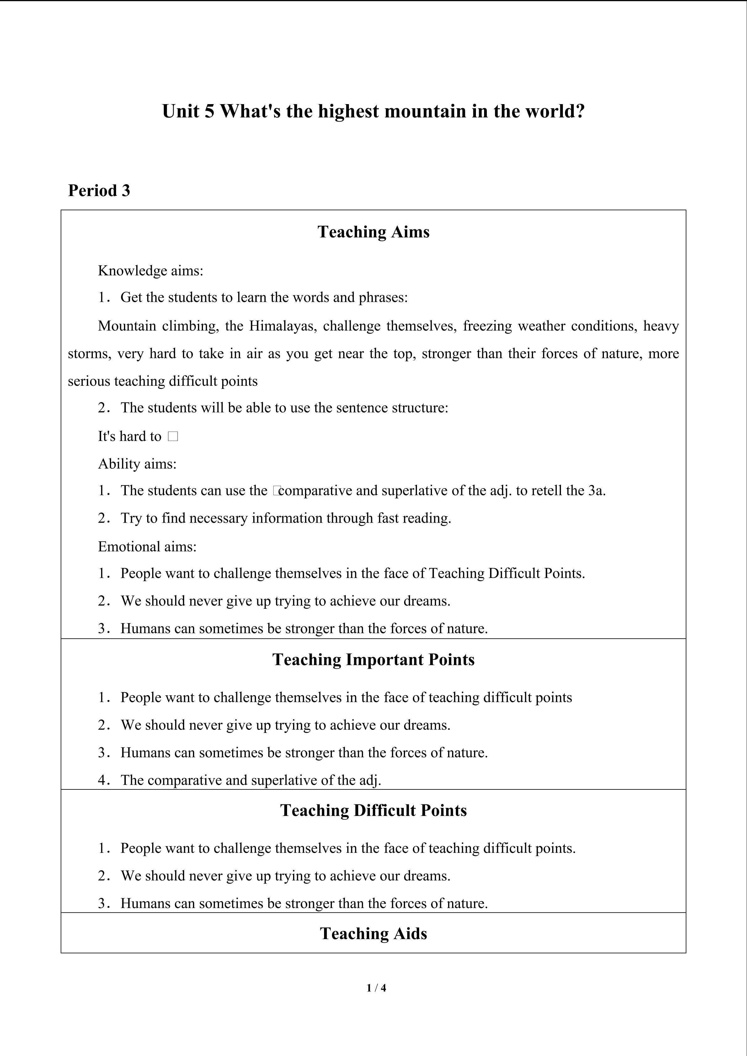 Unit 5 What's the highest mountain in the world?_教案3