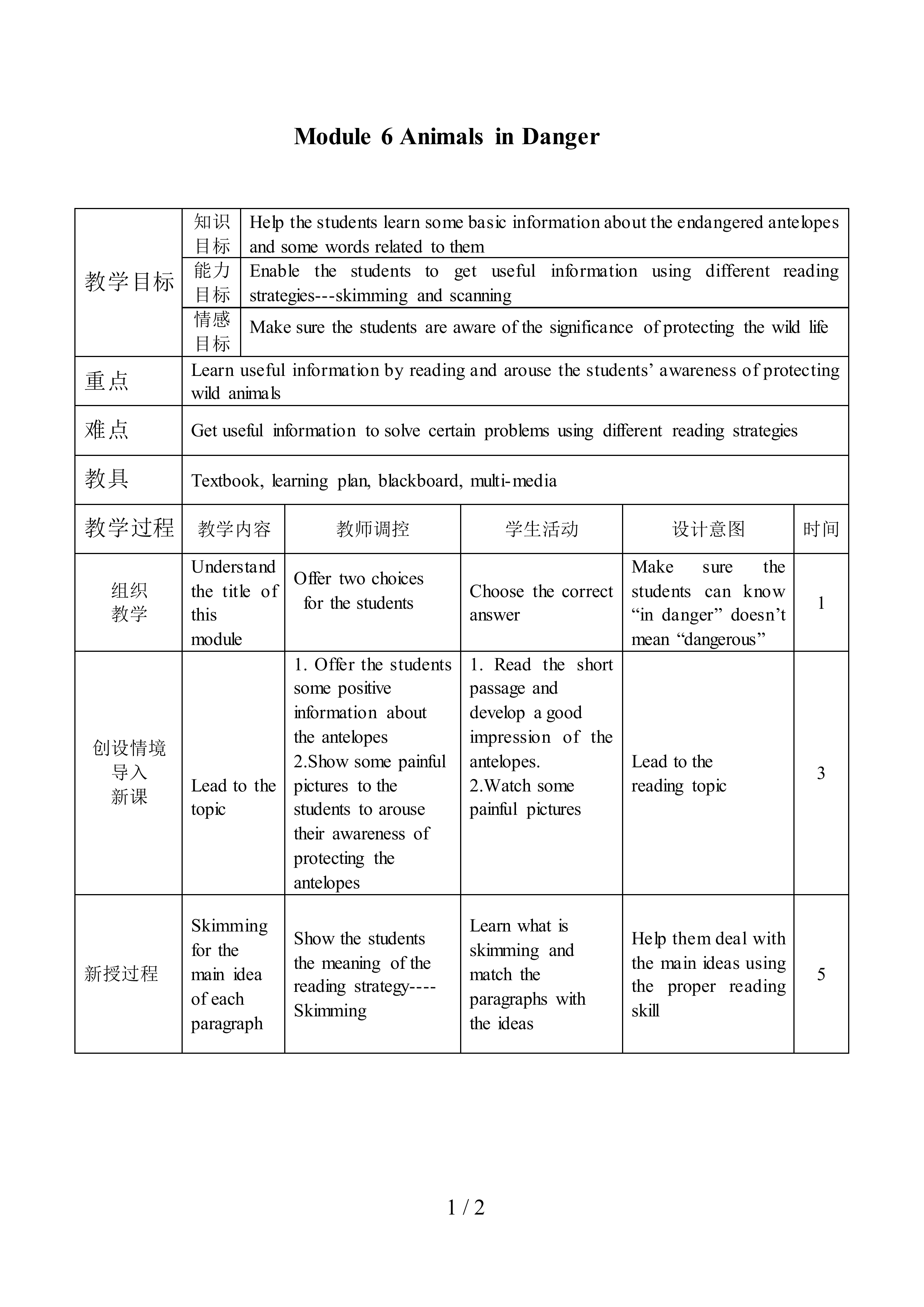 Module 6 Animals in Danger _教案1