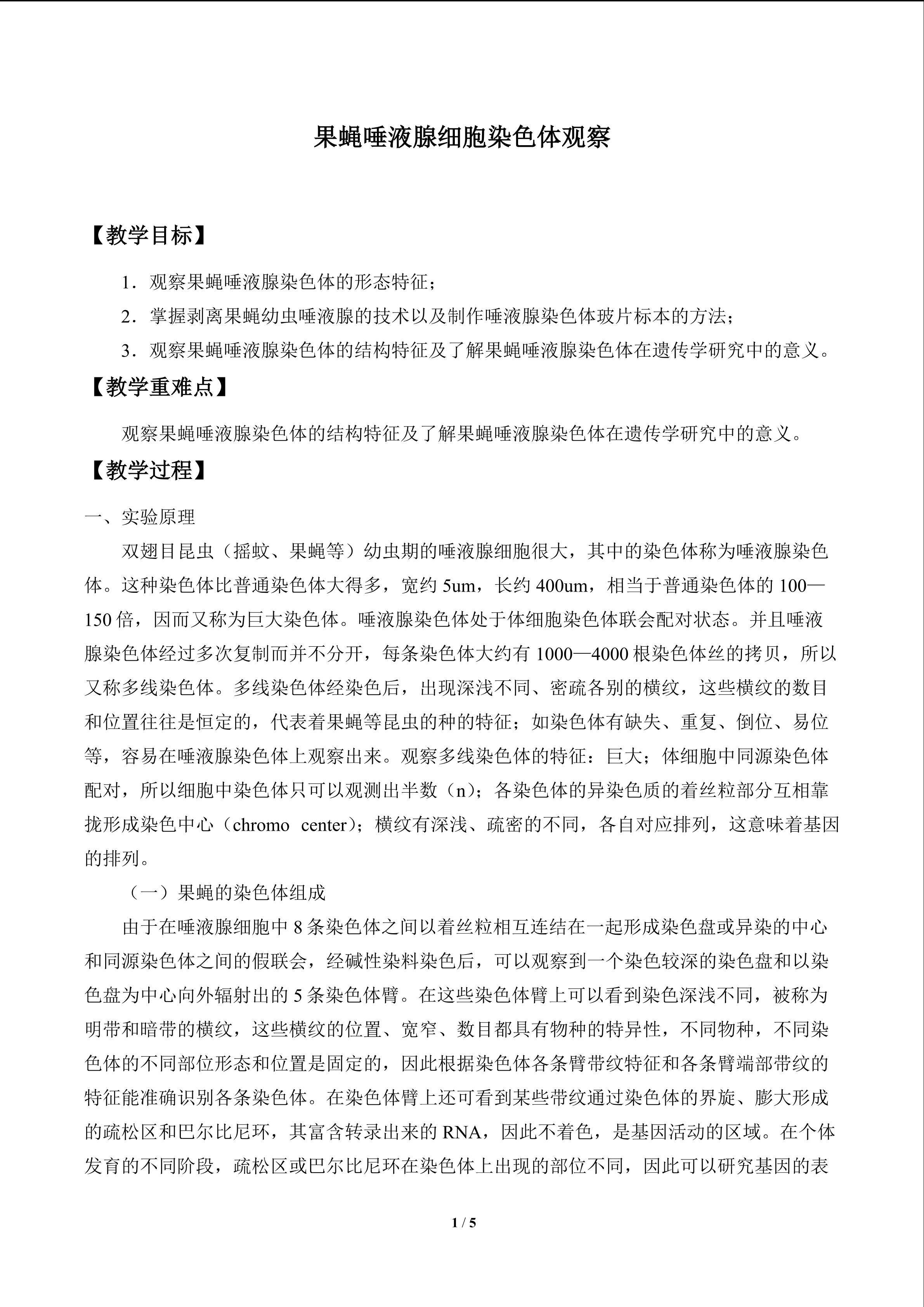 实验8.2  果蝇唾液腺细胞染色体观察_教案1