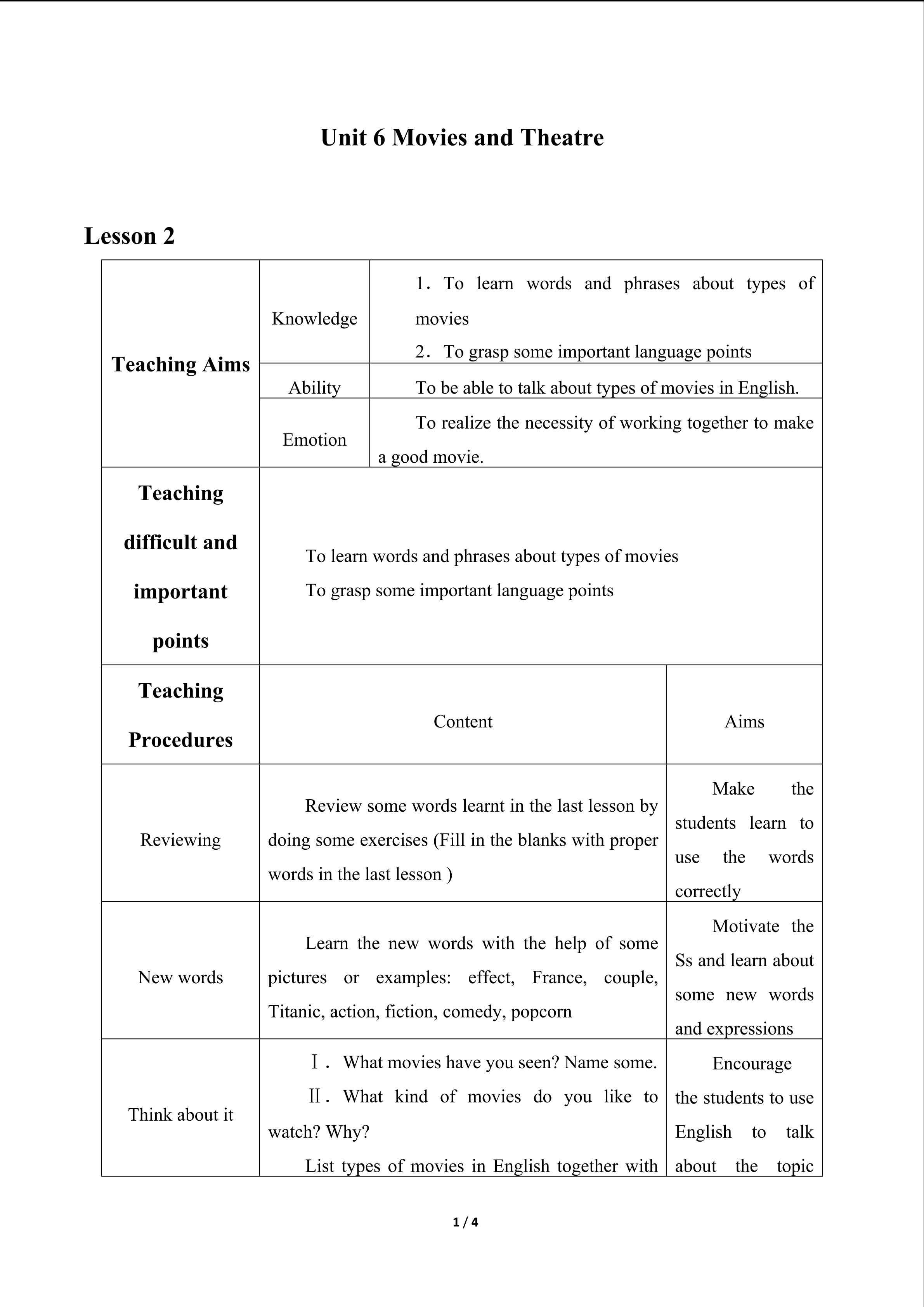 Unit 6 Movies and Theatre_教案2