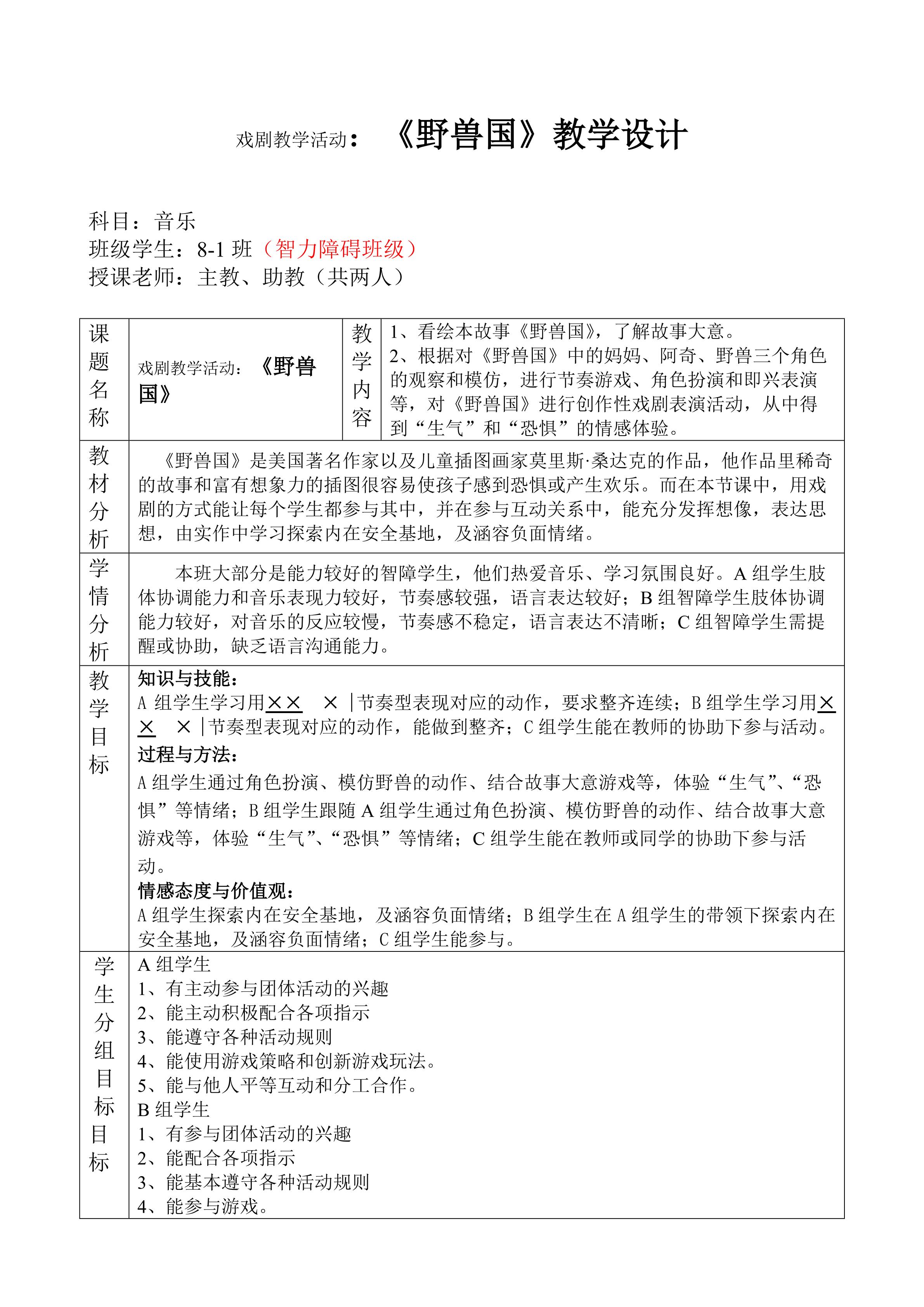 戏剧教学活动《野兽国》
