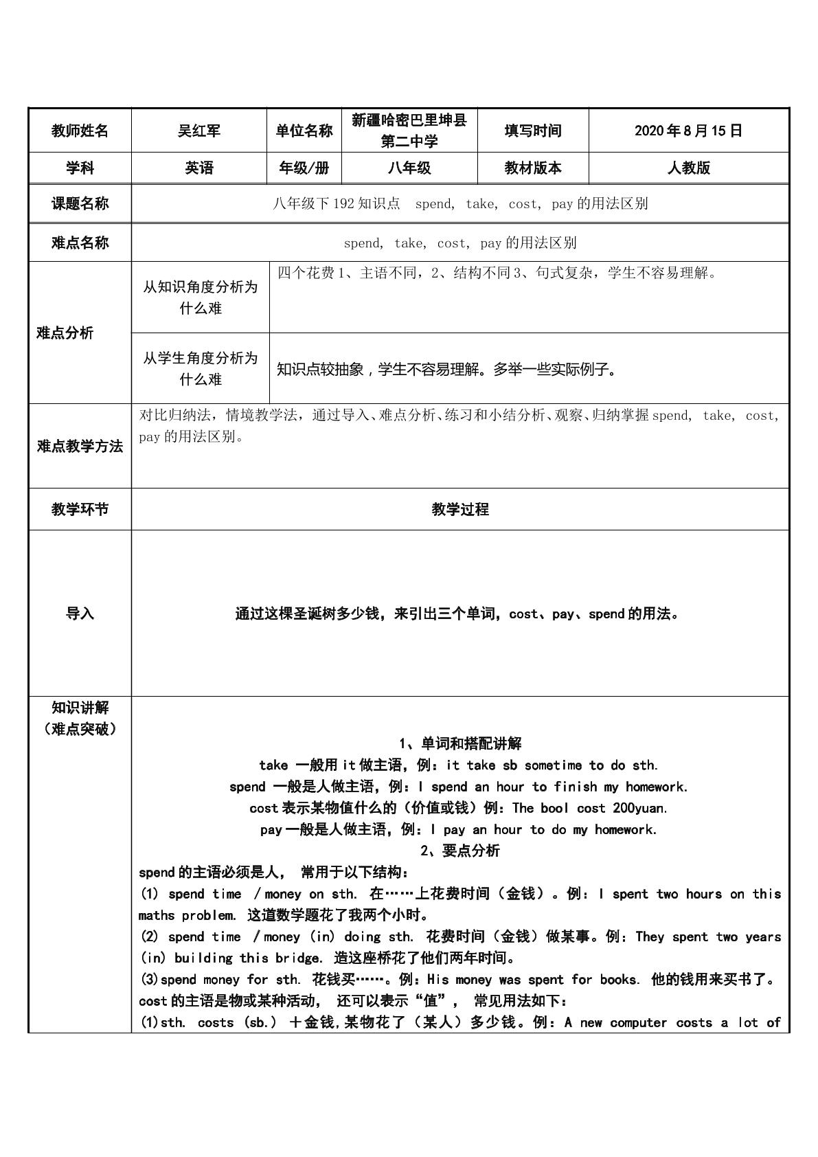 spend, take, cost, pay的用法区别