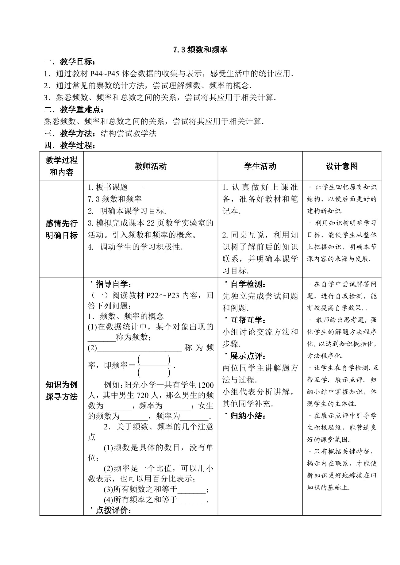 【★★★】8年级数学苏科版下册教案第7单元 《7.3频数和频率》