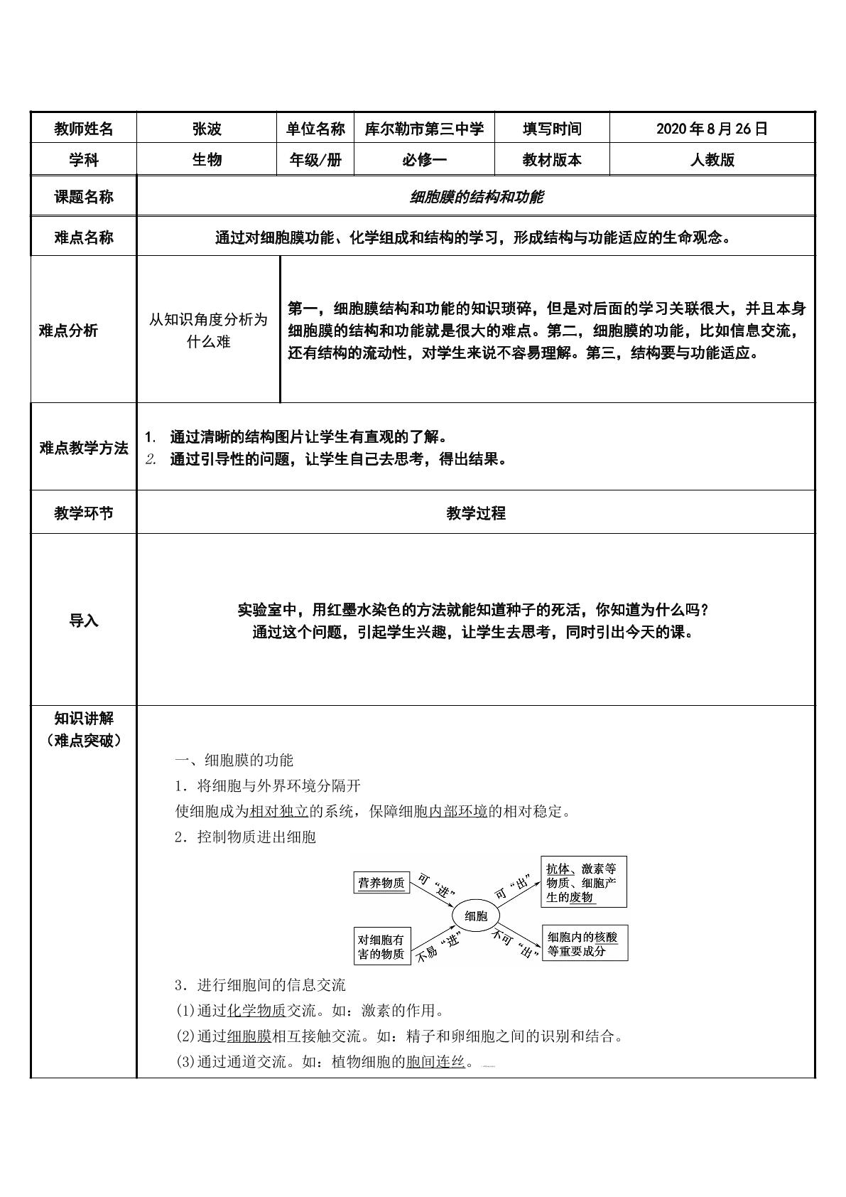 细胞膜的结构和功能